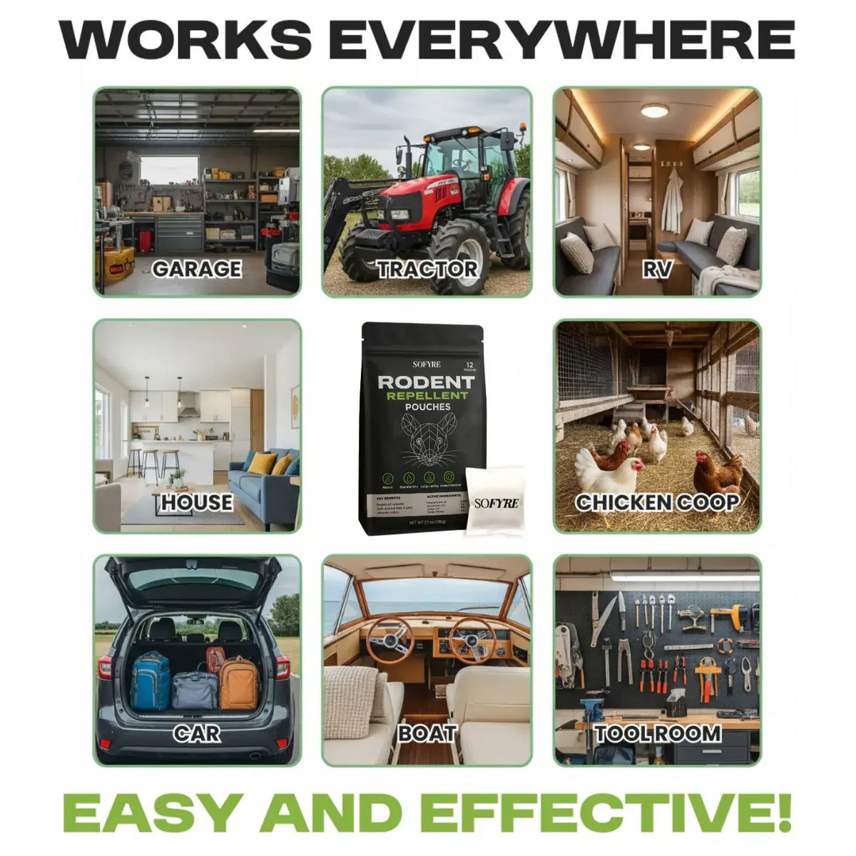 Works everywhere - garage, tractor, RV, house, chicken coop, car, boat and toolroom